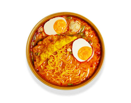 Noodle in bowl with vegetables and pork balls Isolated on white background, Asia noodle life style, Spicy noodle in brown bowl, Tasty asian noodleの写真素材