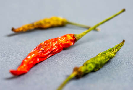 Hot chilli pepper on blurred gray background. Chilli pepper, Macro, Selective focus