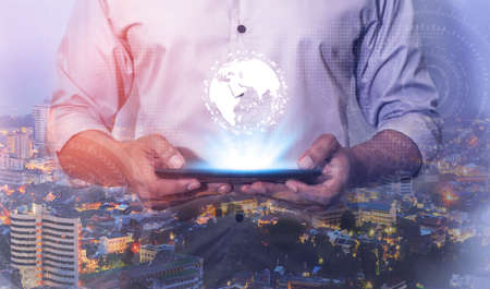 Double Exposure, Age of technology People's, Use of technology in the modern era, Interconnection by internet network, Communication with the Internet, Communicating with each other around the world without bordersの写真素材