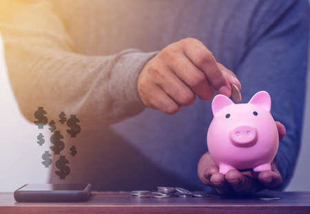 Save money and account banking for finance concept, Piggy bank with coin on blurred background, Save...