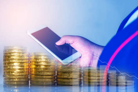 Duoble Exposure, Internet Banking Savings Concept, Online Investment Savings, Online Stock Investors, Internet Financial Transactions, Save Monney for Investors Using Internet to Trade Stocks or Trade Fundの写真素材