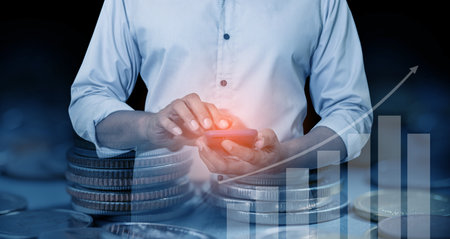 Investor online saving concept, Online Investment Savings, Online Stock Investors, Internet Financial Transactions, Save Monney for Investors Using Internet to Trade Stocks or Trade Fundの写真素材