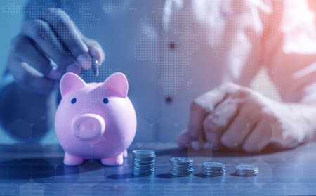 Duoble Exposure, Money and financial concept, Online Banking Savings Concept, Online Investment Savings, Online Stock Investors, Internet Financial Transactionsの写真素材