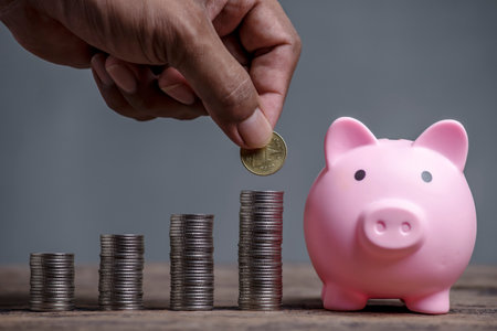 Save money and account banking for finance concept, Piggy bank with coin on blurred background, Save Monney for Investors Using Internet to Trade Stocks or Trade Fundの写真素材