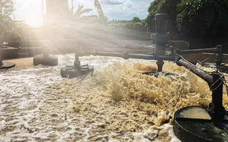 Machines are working hard to treat the wastewater from rubber scrap production to keep the environment clean. Over the sunの写真素材