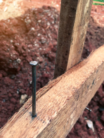 Concrete nails that are driven into the chart wood to tie ropes that will be used to find the width...