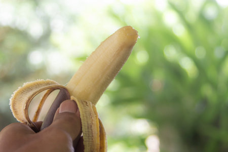 Rotten banana with hand holding on blurred bokeh nature backgroundの写真素材