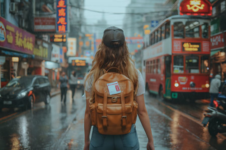 Sustainable tourism reduce global warming and save costs, Travel using buses and walking, American female tourist carrying a travel backpack, walking on the road, Generate Aiの素材
