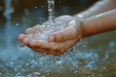 World Water Day, Children's hands with clean water The background is natural, Soft blur background, Generative Aiの素材