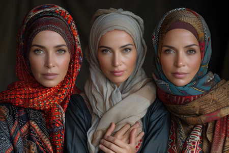 International Womenâs Day, Women Day, Middle Eastern women wear hajibs, Stand with their hands crossed, Women who are diverse Inclusive of race and religion, Generative Aiの素材