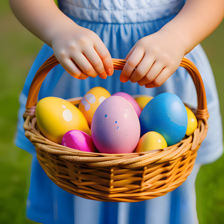 Happy Easter basket eggs, Colorful Easter eggs are in baskets being carried by girl to celebrate Jesus' new life, Blurred background, Generative Aiの素材
