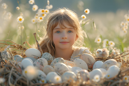 Happy Easter basket eggs, A girl sits happily in the morning grass. There are colorful eggs in the basket to celebrate Easter., Blurred background, Generative Aiの素材
