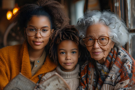 Mother Day, Woman Day, International Women's Day, Women's generation change, Young mother, Little girl, and grandmother are spending time together at home, Generative Aiの素材