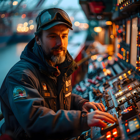 Cargo ship operator is using a crane control panel to unload a container from a cargo ship, Generative Aiの素材
