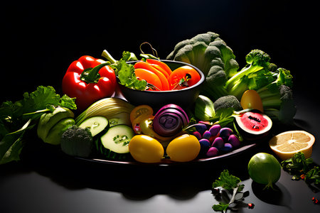 Photo of a variety of fresh vegetable salads arranged on a dark surface, Let natural light from a window create selective highlights on the salads, emphasizing the contrast between the vibrant ingredients and the dark background, creating a striking visual effect, Generative Aiの素材