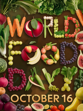 Celebrate, World Food Day, on October 16th, Each letter has been artfully created using a variety of fruits and vegetables, It creates a beautiful and delicious composition, featuring carrots, apples, and bunches of grapes. The rest of the letters are similarly crafted using fresh produce. It showcases the diversity and color of food sources around the world, promoting awareness and celebration of,  World Food Day, Genearative Aiの素材
