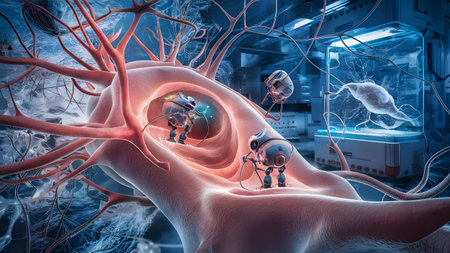 Neural membrane maintenance process, A humanoid scientist in a lab coat and safety goggles stands in...