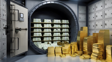 Cash Bank Vault: Image inside a bank vault, filled with piles of cash and gold bars, which symbolize wealth and safetyの写真素材