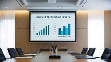 Image of a well-lit conference room with a large projector screen showing revenue expenditure graphs and charts, Include a conference table with notebooks and pensの写真素材