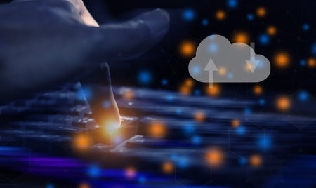 Young Man hand with computer keyboard and cloud computing diagram, Data storage, Cloud technology,...