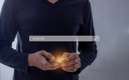 Young man hand using, holding, uses, smartphone mobile touching search bar, Search job
