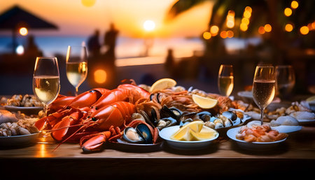 Table full of seafood soft blur backgroundの素材