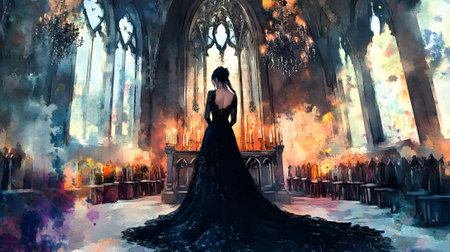 Gothic wedding bride in black lace candlelit altar Watercolorの素材