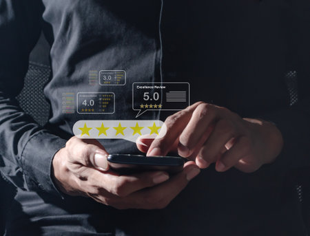 Excellence Review, Young Man hand using smartphone mobile touch five star to review and give 5 stars...