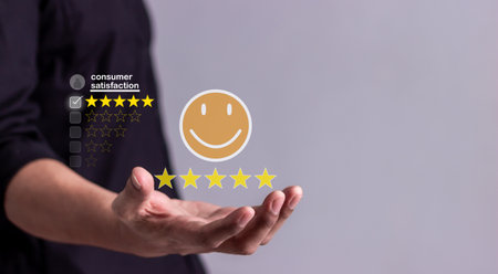 Consumer Satisfaction, Young Man hand with emoji five star to review and give 5 stars with very good...