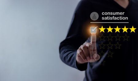 Consumer Satisfaction, Young Man hand touching five star to review and give 5 stars with very good...