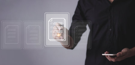 Young man with smartphone mobile hand hold a pen touching to sign a business contract online, Oline...