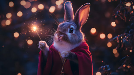 Halloween Costumes, Rabbit in a wizards robe holding a tiny magic wandの素材