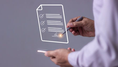 Young man with smartphone mobile hand hold a pen touching to sign a online business contract, Contract signing, Electronic signature, Digital documents, Future smart contractの写真素材