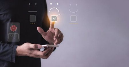 Consumer Satisfaction, Young man with smartphone hand touch to review and gives 1 star, with poor...