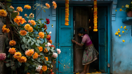 Diwali, Woman decorating the entrance of her homeの素材