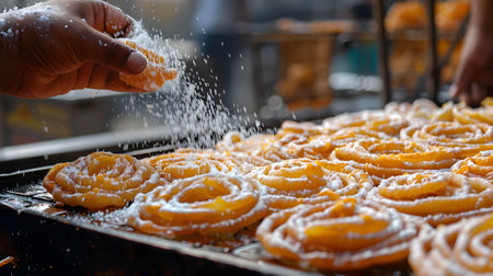 Diwali, Hand sprinkling powdered sugar over freshの素材