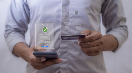 Young Man Using Smartphone For Mobile payment, Online payment, Digital, and Online shopping, Bank...