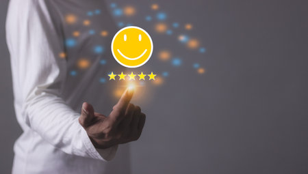 Customer Review, Young Man hand touching emoji and five star to review and give 5 stars with very...