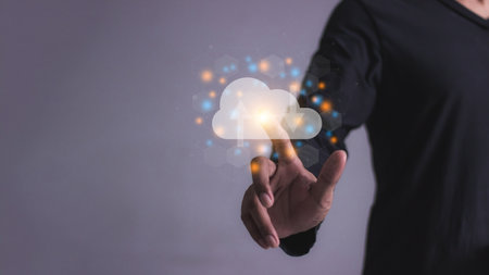 Young man hand touching to cloud computing diagram, Data storage, Cloud technology, Cloud Computing Storageの写真素材