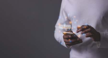 Customer Review, Young Man hand holding Smart Phone with five star to review and give 5 stars with very good results in service, Good review 5 star rating choice feedbackの写真素材