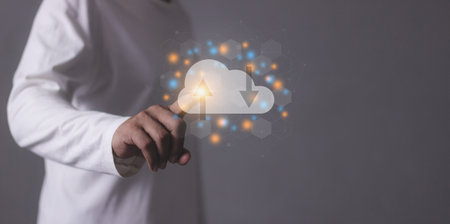 Young man hand touching to cloud computing diagram, Data storage, Cloud technology, Cloud Computing...