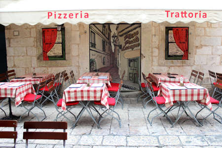 Terrace of an Italian trattoria pizzeria to eat outdoorsのeditorial素材