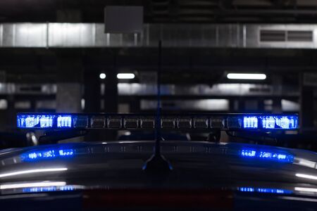 rear view of the blue lights of a police car . selective blur