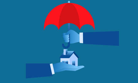 hand holding red umbrella to protect blue house mean home insurance concept red umbrella as a shield flat illustration concept template background for presentation web banner UI UX landing pageのイラスト素材