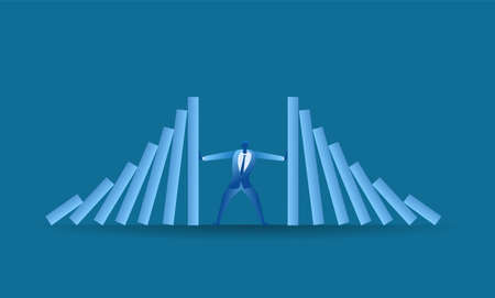 businessman tried to stop domino effect mean an officer try to withstand from pressure / solution concept flat illustration Business about hard work and pressure for presentationのイラスト素材