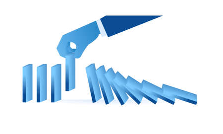 Hand takes one of domino boards to stop domino effect mean fast way to stop damage / solution / shortcut concept flat illustration Business about smart work flat illustration designのイラスト素材