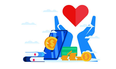 online donation charity with smartphone smart app mini atm or edc with big heart and big hands flat illustration designのイラスト素材