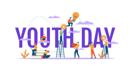 happy youth day big word with small people vector illustration concept template background can be use for presentation web banner UI UX landing pageのイラスト素材