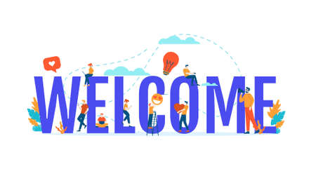 Welcome big word with small people vector illustration concept template white background isolated can be use for presentation web banner UI UX landing pageのイラスト素材