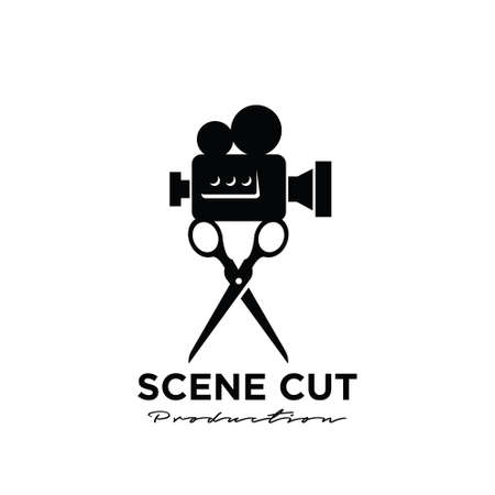 Director cut behind the scene editing Studio Movie Video Cinema Cinematography Film Production scissors that cut the film strip logo design vector icon illustration Isolated White Backgroundのイラスト素材